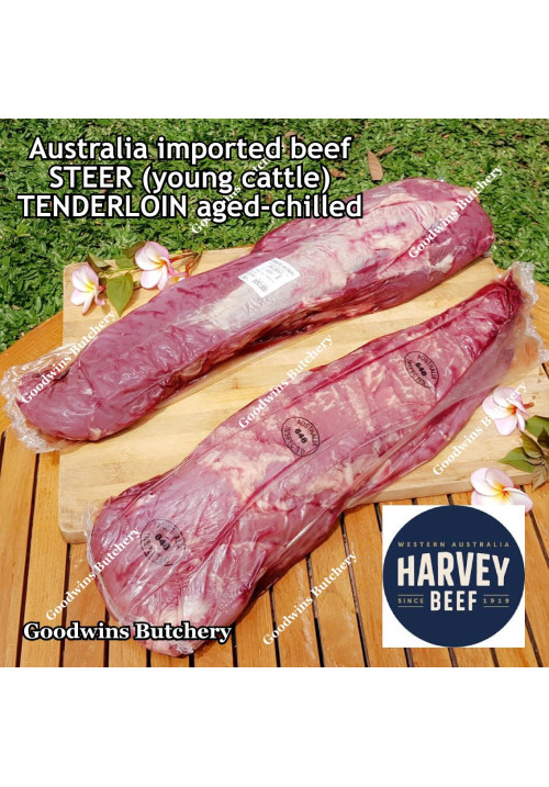 Beef Tenderloin aged chilled Australia STEER young-cattle whole cut brand HARVEY +/- 2.5 kg/pc price/kg (eye fillet mignon daging sapi has dalam) PREORDER 2-3 days notice